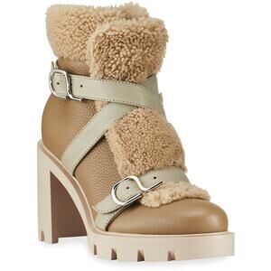 Christian Louboutin Pole Chic 70 Champignon Leather Shearling Combat Boot 39